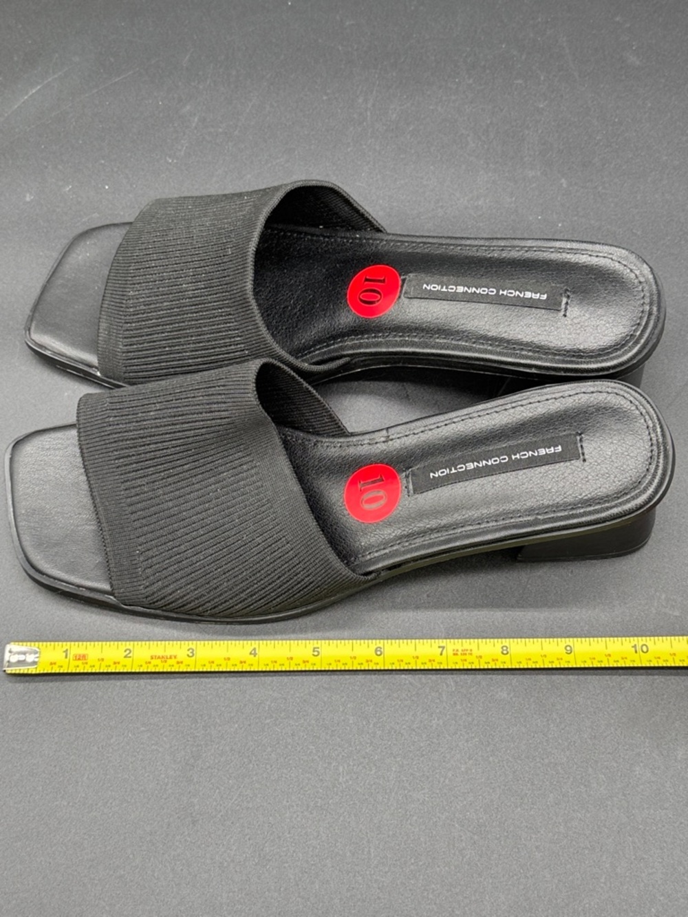 French Connection Black Ribbed Knit Square Toe Slide Mules Block Heel Size 10 - Picture 8 of 8